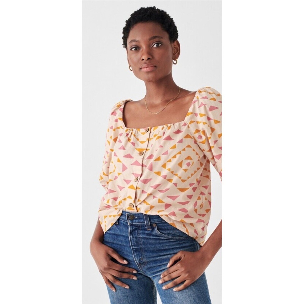 Faherty Button-Up Top Geometric Print Square Neck Blouse Size M